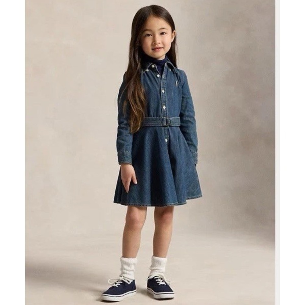 Polo Ralph Lauren Belted Denim Shirt Dress Long Sleeve Logo Girls Size 12